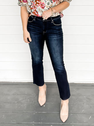 Risen Mid Rise Dark Wash Crop Straight Jeans | Sisterhood Style Boutique