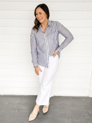 Avery Classic Blue Striped Button Down Shirt | Sisterhood Style Boutique