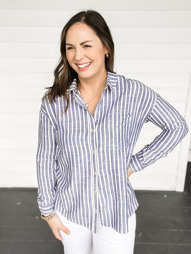 Avery Classic Blue Striped Button Down Shirt | Sisterhood Style Boutique