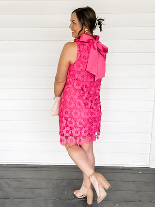 Madison Pink Floral Lace Dress with Back Bow Tie