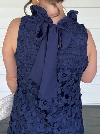 Madison Navy Floral Lace Dress with Back Bow Tie