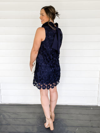 Madison Navy Floral Lace Dress with Back Bow Tie