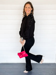 Nancy Soft Black Sweater with Bead Detail Side view with white background | Sisterhood Style Boutique