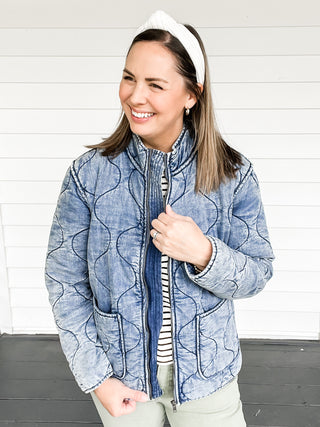 Drew Washed Denim Quilted Jacket Front Close Up | Sisterhood Style Boutique