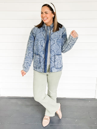 Drew Washed Denim Quilted Jacket Front | Sisterhood Style Boutique