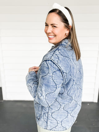 Drew Washed Denim Quilted Jacket Side Close Up | Sisterhood Style Boutique