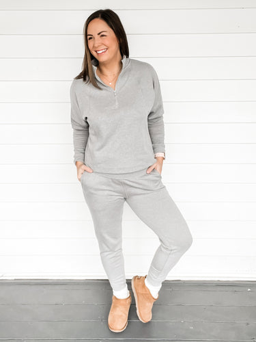 Caitie Cozy Grey Joggers front view with matching Caitie 1/2 Zip Pullover