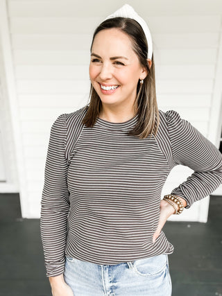 Ginger Striped Knit Long Sleeve Top in Greige Close Up | Sisterhood Style Boutique