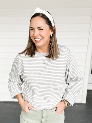 Grey Striped Knit Top Close Up | Sisterhood Style Boutique