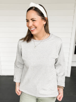 Grey Striped Knit Top Close Up Untucked | Sisterhood Style Boutique