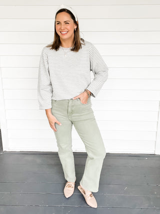 Grey Striped Knit Top Front View | Sisterhood Style Boutique