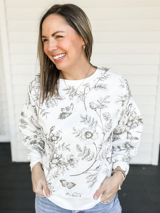 Lyla Black Toile Print Sweatshirt Close Up | Sisterhood Style Boutique