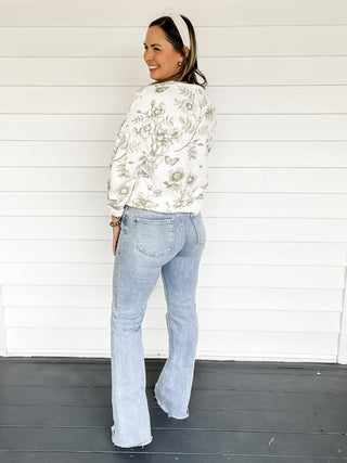 Olive Toile Print Sweatshirt Back Side View | Sisterhood Style Boutique