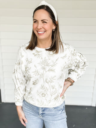 Olive Toile Print Sweatshirt Close Up | Sisterhood Style Boutique