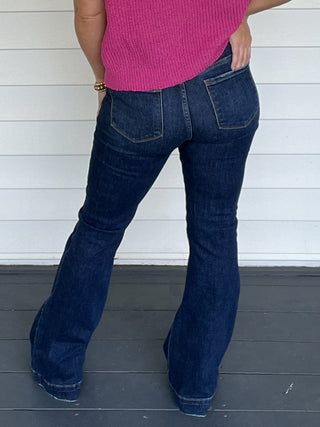 Risen Dark Wash High Rise Patch Pocket Flare Jeans Back View | Sisterhood Style Boutique