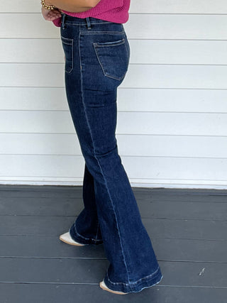 Risen Dark Wash High Rise Patch Pocket Flare Jeans Side View | Sisterhood Style Boutique