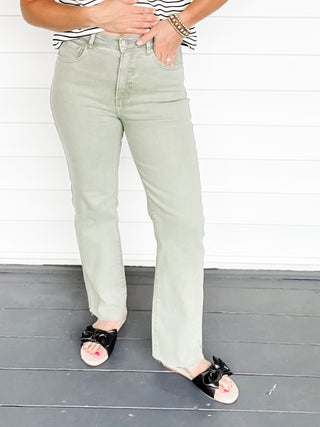 Risen Straight Jeans with Raw Hem in Olive Green Front Close Up | Sisterhood Style Boutique