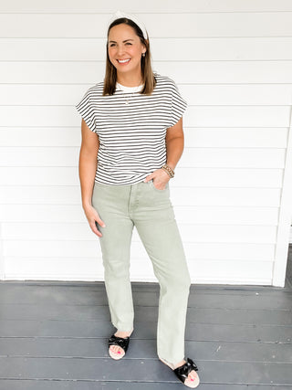 Risen Straight Jeans with Raw Hem in Olive Green Full Front View | Sisterhood Style Boutique