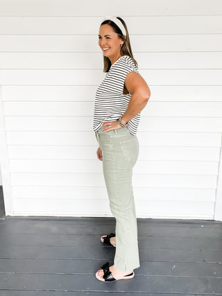 Risen Straight Jeans with Raw Hem in Olive Green Side View 2 | Sisterhood Style Boutique