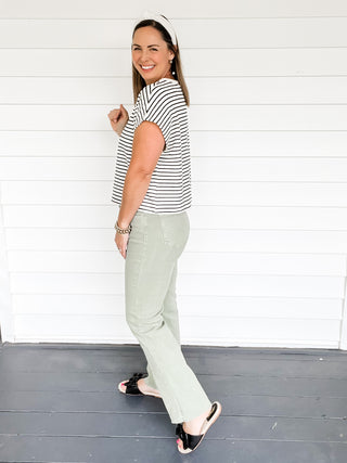 Risen Straight Jeans with Raw Hem in Olive Green Side View | Sisterhood Style Boutique