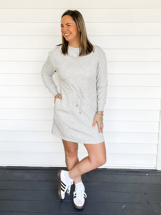 Sara Long Sleeve Soft Scuba Dress Gray Front View Pockets | Sisterhood Style Boutique