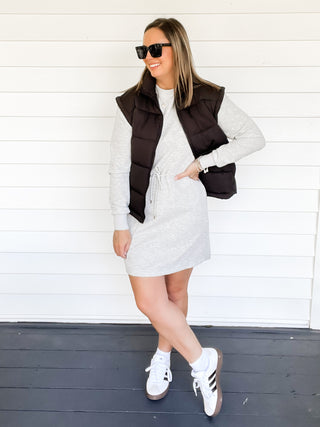 Sara Long Sleeve Soft Scuba Dress Gray Front with Vest | Sisterhood Style Boutique