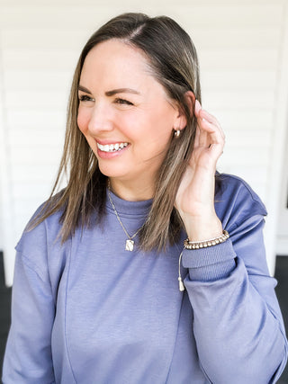 Sara Long Sleeve Soft Scuba Dress Steel Blue Close Up | Sisterhood Style Boutique