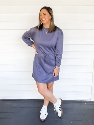 Sara Long Sleeve Soft Scuba Dress Steel Blue Front View | Sisterhood Style Boutique