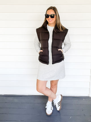 Valerie Zip Up Puffer Vest Black Front View Over Dress | Sisterhood Style Boutique