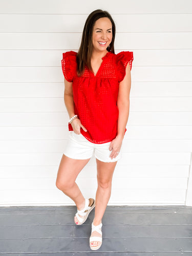 Gracie Red Grid Print Flutter Sleeve Top | Sisterhood Style Boutique