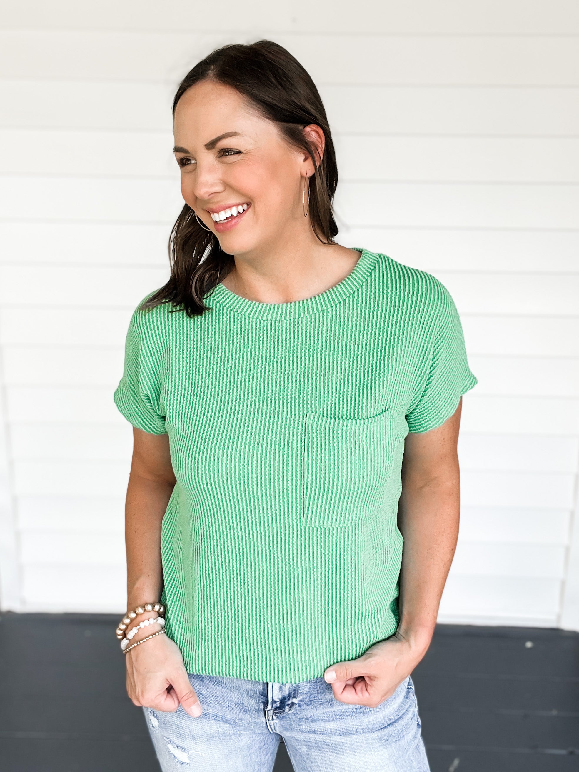 Rebecca Rib Knit Green Pink Short Sleeve Top | Sisterhood Style