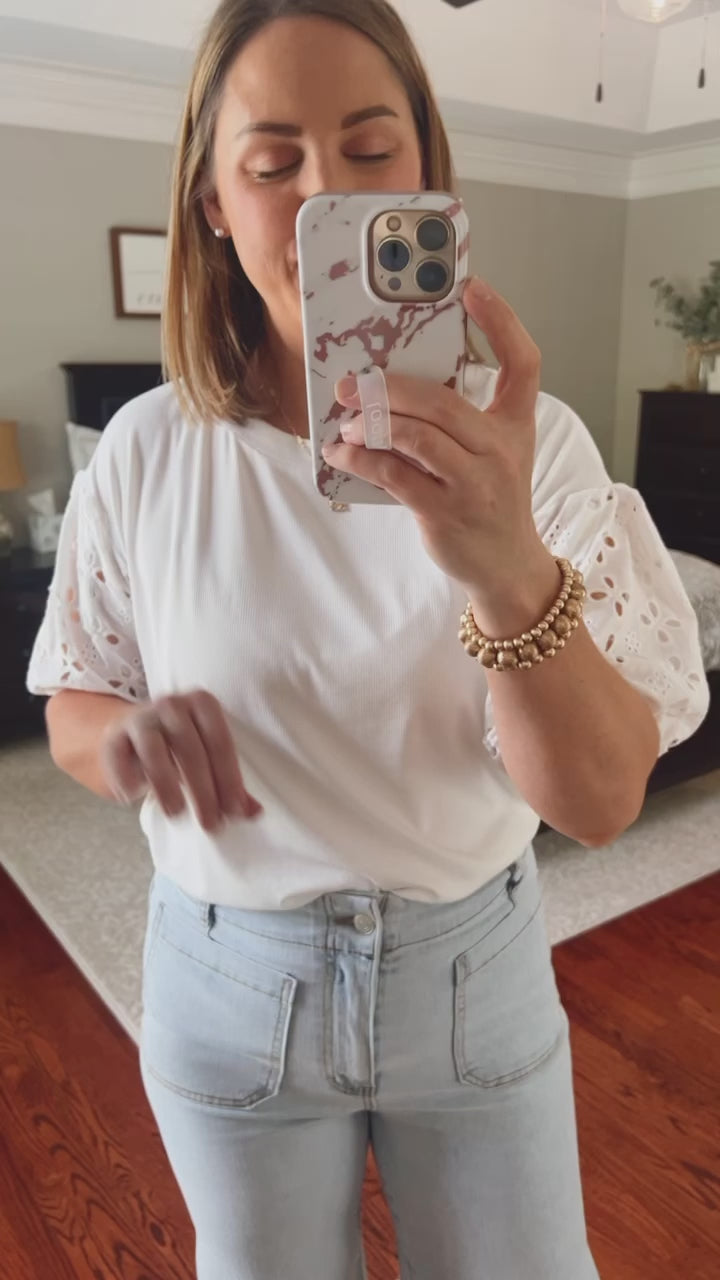 Annabelle White Eyelet Sleeve Knit Top Fit Video | Sisterhood Style Boutique