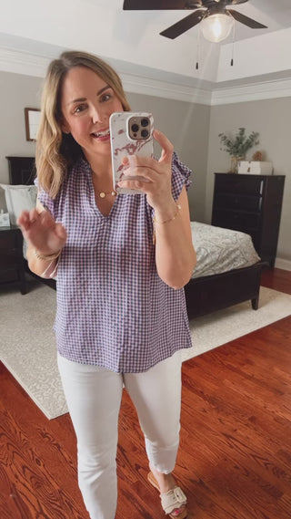 Savannah Gingham Print Flutter Sleeve Top Fit Video | Sisterhood Style Boutique