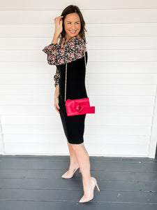 Dahlia Black Knit Dress with Floral Sleeves | Sisterhood Style Boutique